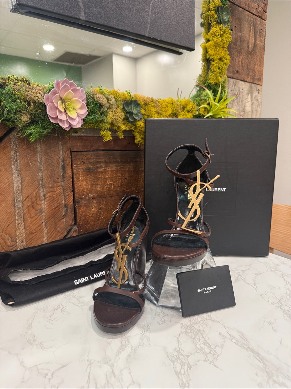 Saint Laurent Brown and Gold YSL Logo Ankle-Strap Heels